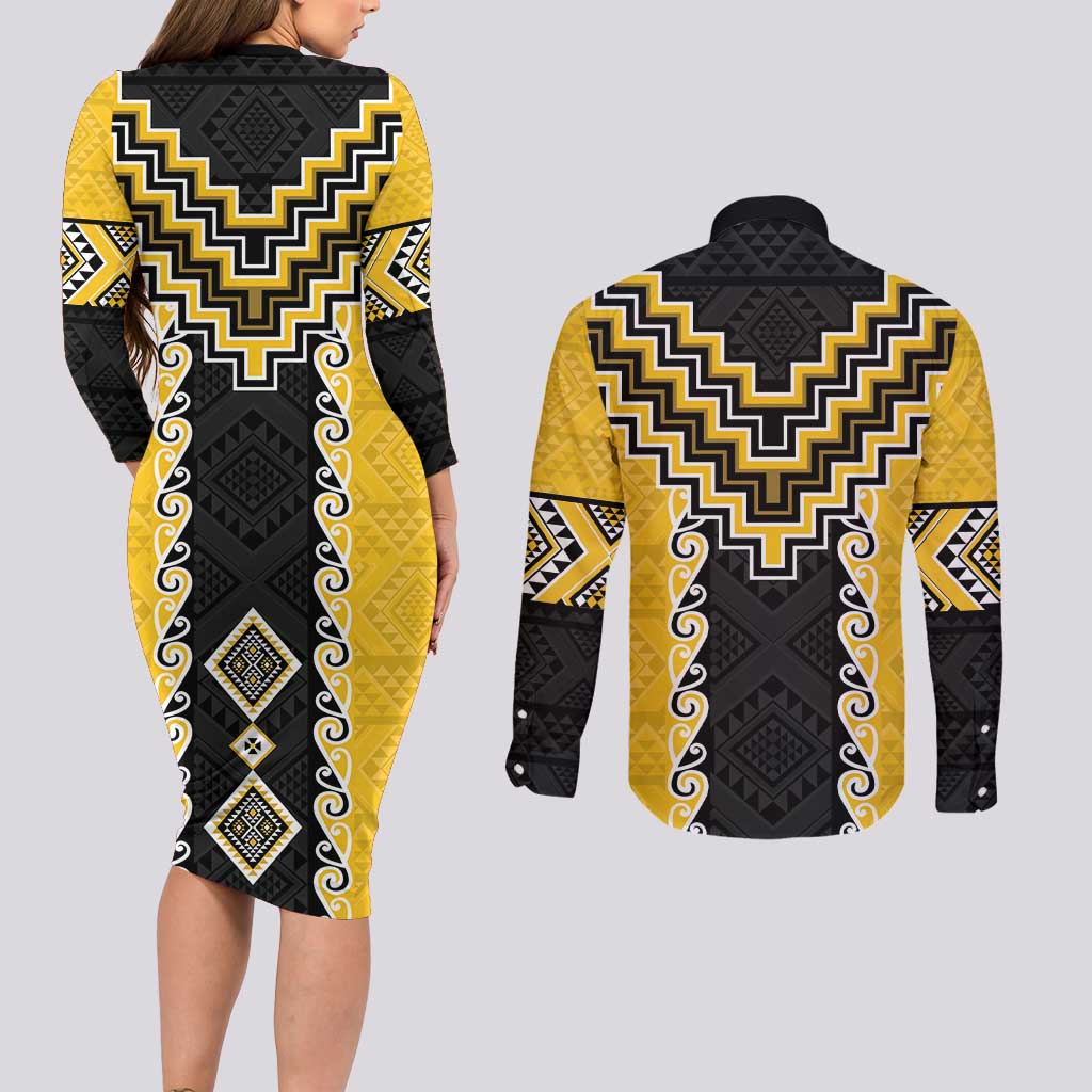 Yellow Niho Taniwha Mix Poutama Couples Matching Long Sleeve Bodycon Dress and Long Sleeve Button Shirt Unique Taniko Aotearoa