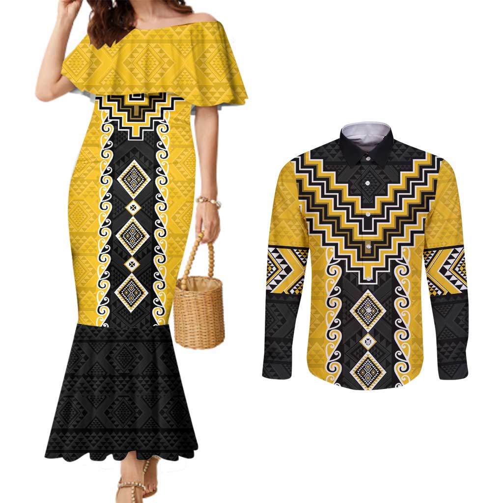 Yellow Niho Taniwha Mix Poutama Couples Matching Mermaid Dress and Long Sleeve Button Shirt Unique Taniko Aotearoa