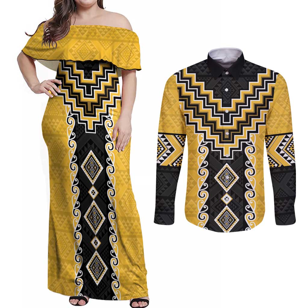 Yellow Niho Taniwha Mix Poutama Couples Matching Off Shoulder Maxi Dress and Long Sleeve Button Shirt Unique Taniko Aotearoa