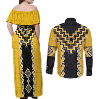 Yellow Niho Taniwha Mix Poutama Couples Matching Off Shoulder Maxi Dress and Long Sleeve Button Shirt Unique Taniko Aotearoa
