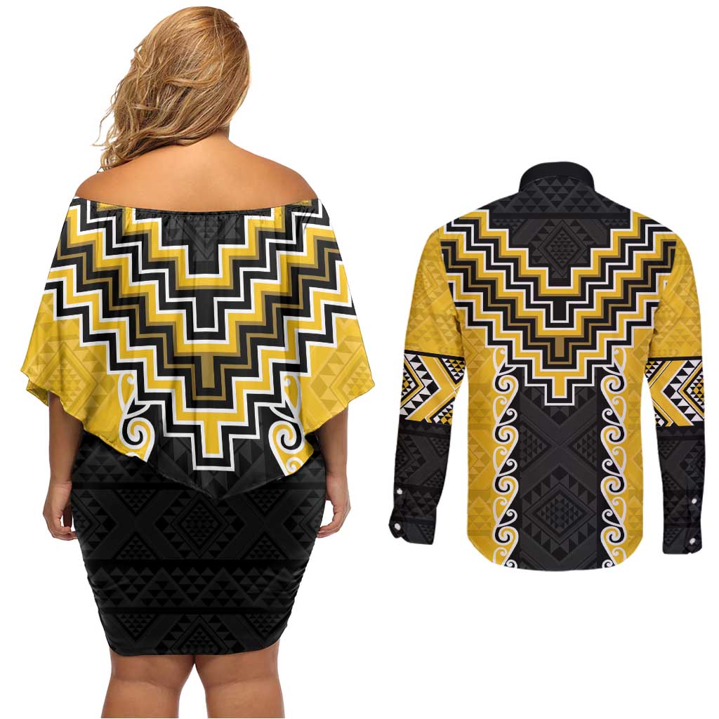Yellow Niho Taniwha Mix Poutama Couples Matching Off Shoulder Short Dress and Long Sleeve Button Shirt Unique Taniko Aotearoa