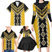 Yellow Niho Taniwha Mix Poutama Family Matching Long Sleeve Bodycon Dress and Hawaiian Shirt Unique Taniko Aotearoa LT01 - Polynesian Pride