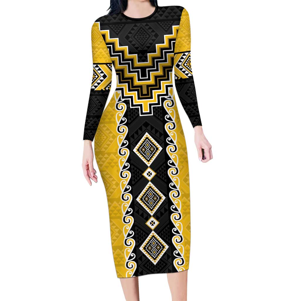 Yellow Niho Taniwha Mix Poutama Family Matching Long Sleeve Bodycon Dress and Hawaiian Shirt Unique Taniko Aotearoa LT01 Mom's Dress Yellow - Polynesian Pride