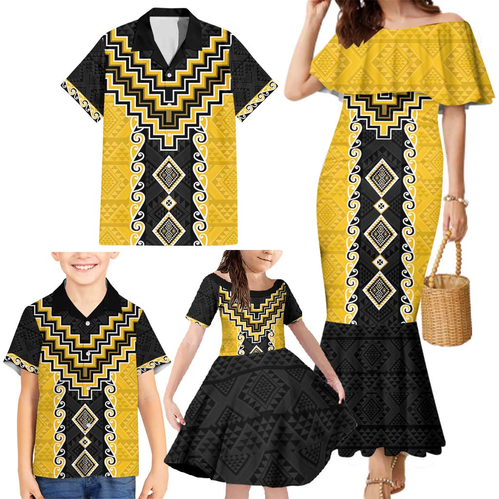 Yellow Niho Taniwha Mix Poutama Family Matching Mermaid Dress and Hawaiian Shirt Unique Taniko Aotearoa LT01 - Polynesian Pride