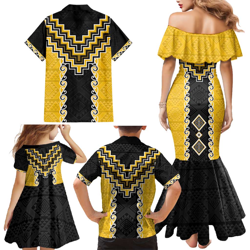 Yellow Niho Taniwha Mix Poutama Family Matching Mermaid Dress and Hawaiian Shirt Unique Taniko Aotearoa LT01 - Polynesian Pride