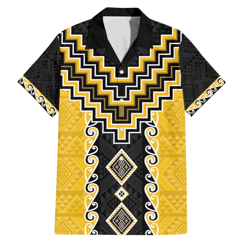 Yellow Niho Taniwha Mix Poutama Family Matching Mermaid Dress and Hawaiian Shirt Unique Taniko Aotearoa LT01 Dad's Shirt - Short Sleeve Yellow - Polynesian Pride