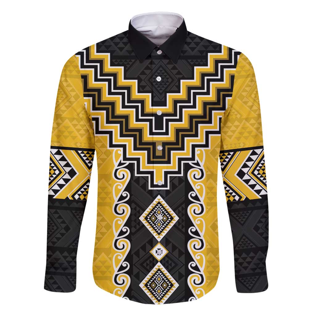 Yellow Niho Taniwha Mix Poutama Family Matching Mermaid Dress and Hawaiian Shirt Unique Taniko Aotearoa LT01 Dad's Shirt - Long Sleeve Yellow - Polynesian Pride