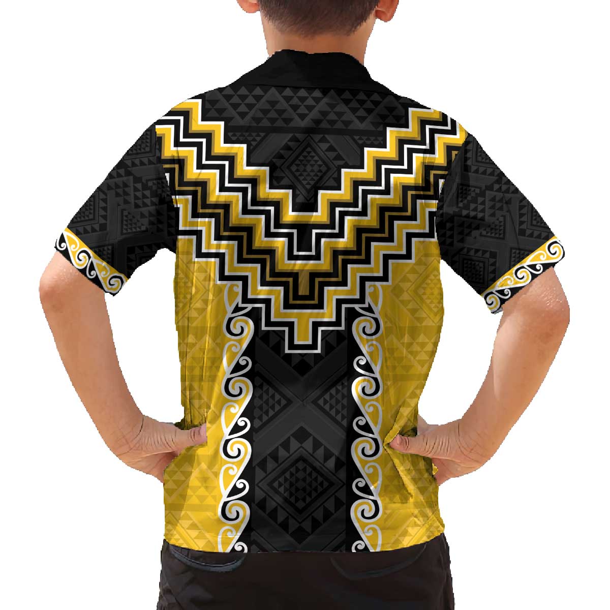 Yellow Niho Taniwha Mix Poutama Family Matching Off The Shoulder Long Sleeve Dress and Hawaiian Shirt Unique Taniko Aotearoa LT01 - Polynesian Pride