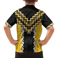 Yellow Niho Taniwha Mix Poutama Family Matching Off The Shoulder Long Sleeve Dress and Hawaiian Shirt Unique Taniko Aotearoa LT01 - Polynesian Pride