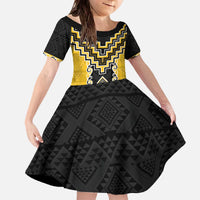 Yellow Niho Taniwha Mix Poutama Family Matching Off The Shoulder Long Sleeve Dress and Hawaiian Shirt Unique Taniko Aotearoa LT01 Daughter's Dress Yellow - Polynesian Pride