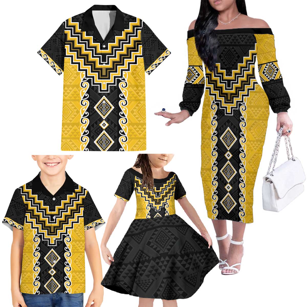 Yellow Niho Taniwha Mix Poutama Family Matching Off The Shoulder Long Sleeve Dress and Hawaiian Shirt Unique Taniko Aotearoa LT01 - Polynesian Pride