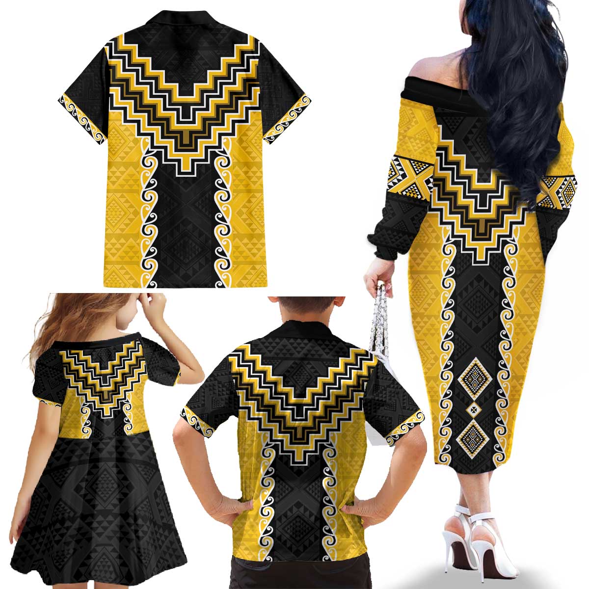 Yellow Niho Taniwha Mix Poutama Family Matching Off The Shoulder Long Sleeve Dress and Hawaiian Shirt Unique Taniko Aotearoa LT01 - Polynesian Pride