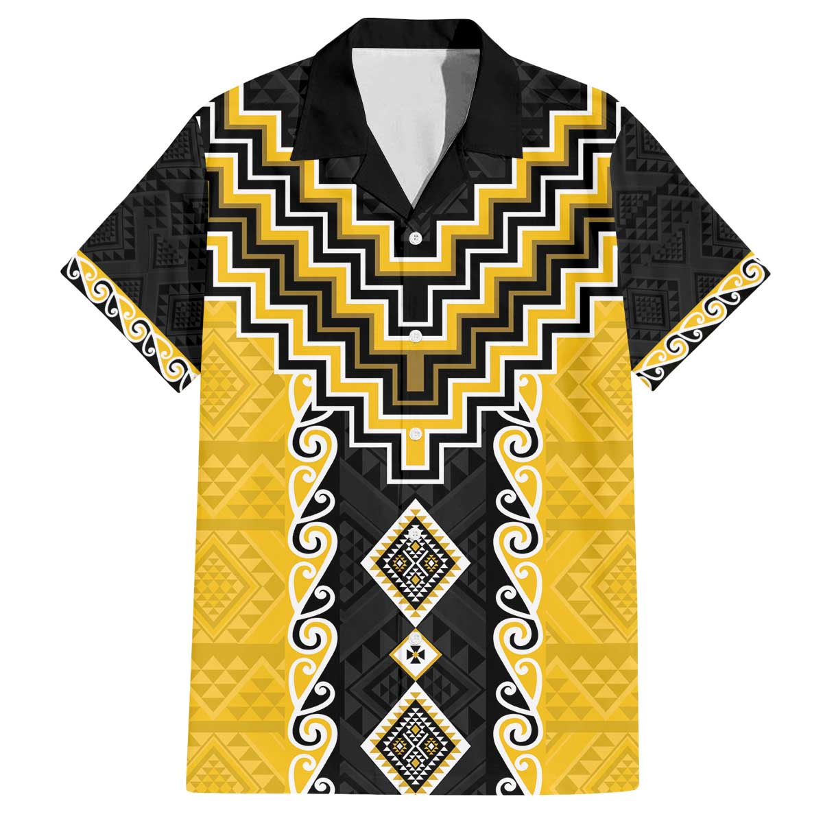 Yellow Niho Taniwha Mix Poutama Family Matching Off The Shoulder Long Sleeve Dress and Hawaiian Shirt Unique Taniko Aotearoa LT01 Dad's Shirt - Short Sleeve Yellow - Polynesian Pride