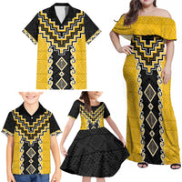 Yellow Niho Taniwha Mix Poutama Family Matching Off Shoulder Maxi Dress and Hawaiian Shirt Unique Taniko Aotearoa LT01 - Polynesian Pride
