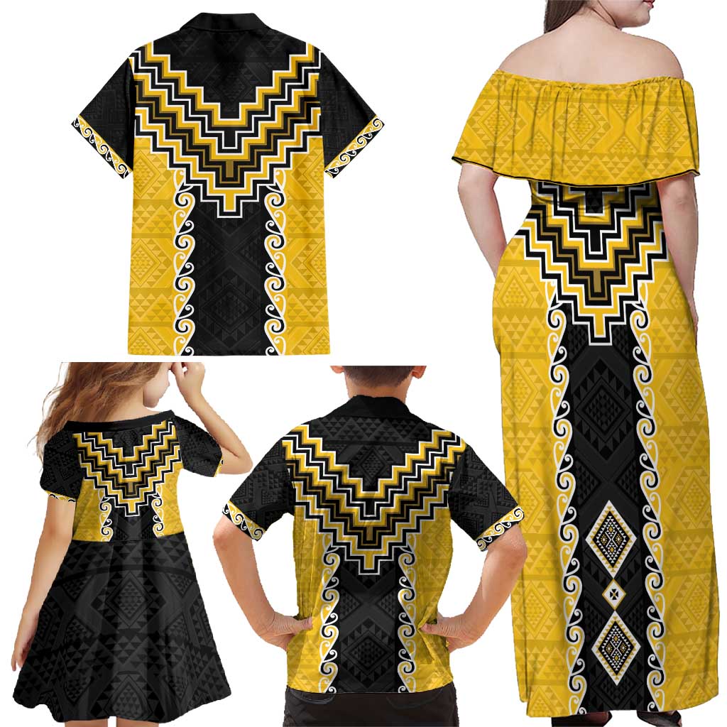 Yellow Niho Taniwha Mix Poutama Family Matching Off Shoulder Maxi Dress and Hawaiian Shirt Unique Taniko Aotearoa LT01 - Polynesian Pride