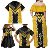 Yellow Niho Taniwha Mix Poutama Family Matching Off Shoulder Maxi Dress and Hawaiian Shirt Unique Taniko Aotearoa LT01 - Polynesian Pride