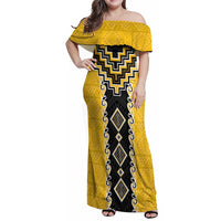 Yellow Niho Taniwha Mix Poutama Family Matching Off Shoulder Maxi Dress and Hawaiian Shirt Unique Taniko Aotearoa LT01 Mom's Dress Yellow - Polynesian Pride