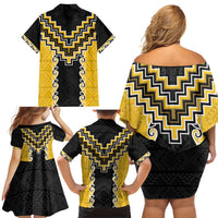 Yellow Niho Taniwha Mix Poutama Family Matching Off Shoulder Short Dress and Hawaiian Shirt Unique Taniko Aotearoa LT01 - Polynesian Pride