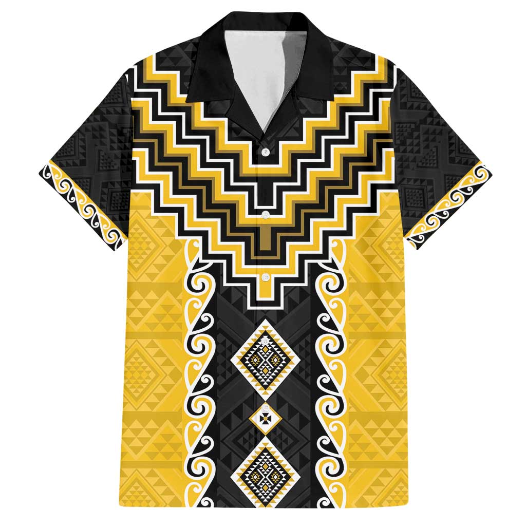 Yellow Niho Taniwha Mix Poutama Family Matching Off Shoulder Short Dress and Hawaiian Shirt Unique Taniko Aotearoa LT01 Dad's Shirt - Short Sleeve Yellow - Polynesian Pride