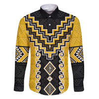 Yellow Niho Taniwha Mix Poutama Family Matching Off Shoulder Short Dress and Hawaiian Shirt Unique Taniko Aotearoa LT01 Dad's Shirt - Long Sleeve Yellow - Polynesian Pride