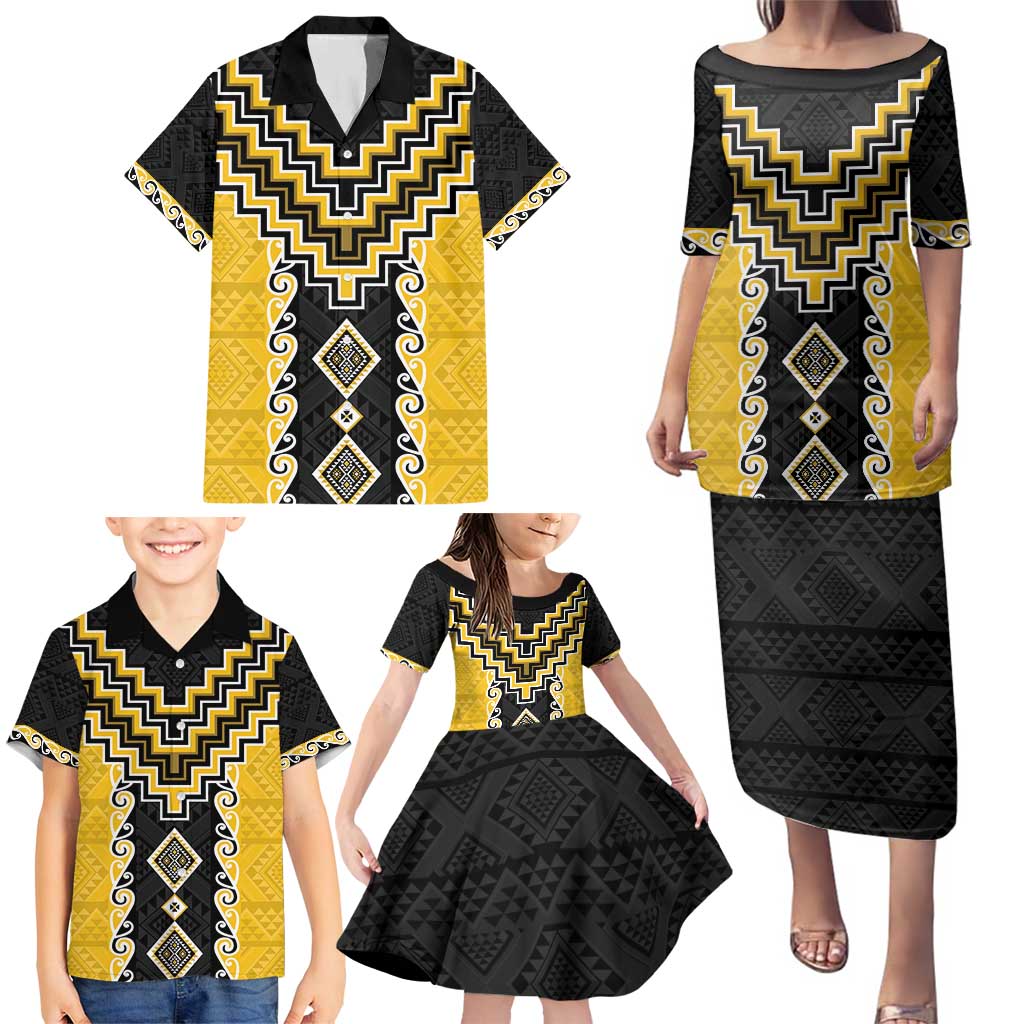 Yellow Niho Taniwha Mix Poutama Family Matching Puletasi and Hawaiian Shirt Unique Taniko Aotearoa