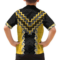 Yellow Niho Taniwha Mix Poutama Family Matching Short Sleeve Bodycon Dress and Hawaiian Shirt Unique Taniko Aotearoa LT01 - Polynesian Pride