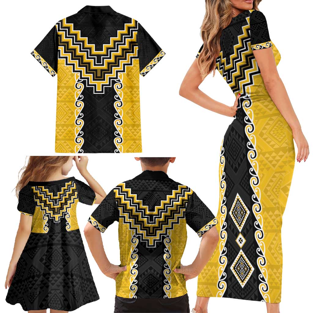 Yellow Niho Taniwha Mix Poutama Family Matching Short Sleeve Bodycon Dress and Hawaiian Shirt Unique Taniko Aotearoa LT01 - Polynesian Pride