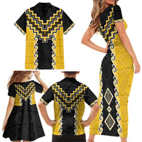 Yellow Niho Taniwha Mix Poutama Family Matching Short Sleeve Bodycon Dress and Hawaiian Shirt Unique Taniko Aotearoa LT01 - Polynesian Pride