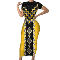 Yellow Niho Taniwha Mix Poutama Family Matching Short Sleeve Bodycon Dress and Hawaiian Shirt Unique Taniko Aotearoa LT01 Mom's Dress Yellow - Polynesian Pride
