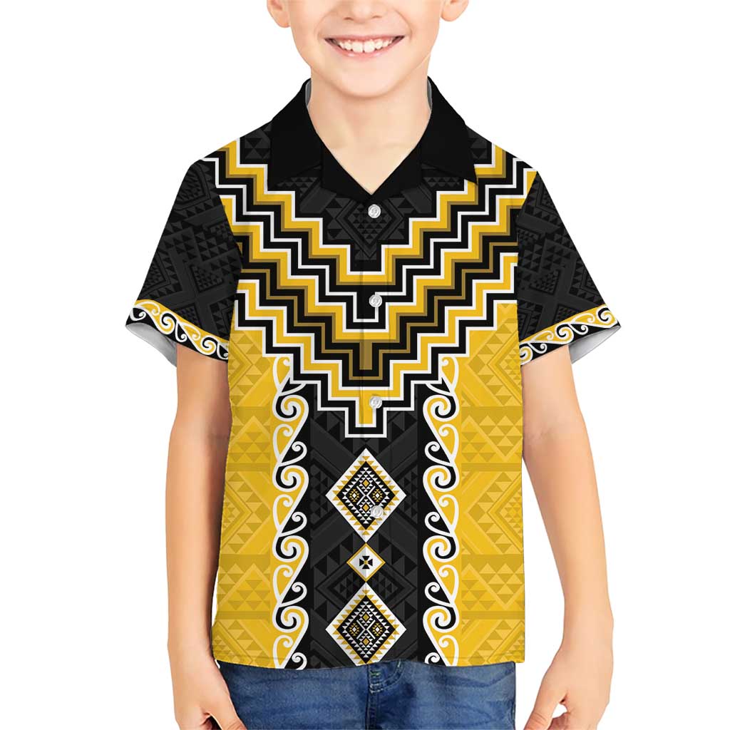 Yellow Niho Taniwha Mix Poutama Family Matching Short Sleeve Bodycon Dress and Hawaiian Shirt Unique Taniko Aotearoa LT01 Son's Shirt Yellow - Polynesian Pride