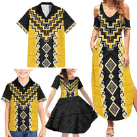 Yellow Niho Taniwha Mix Poutama Family Matching Summer Maxi Dress and Hawaiian Shirt Unique Taniko Aotearoa LT01 - Polynesian Pride
