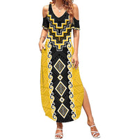 Yellow Niho Taniwha Mix Poutama Family Matching Summer Maxi Dress and Hawaiian Shirt Unique Taniko Aotearoa LT01 Mom's Dress Yellow - Polynesian Pride