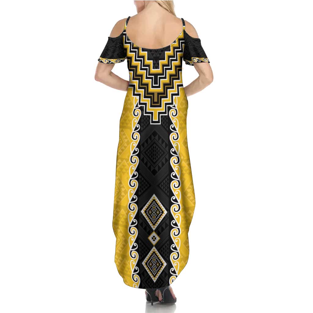 Yellow Niho Taniwha Mix Poutama Family Matching Summer Maxi Dress and Hawaiian Shirt Unique Taniko Aotearoa LT01 - Polynesian Pride