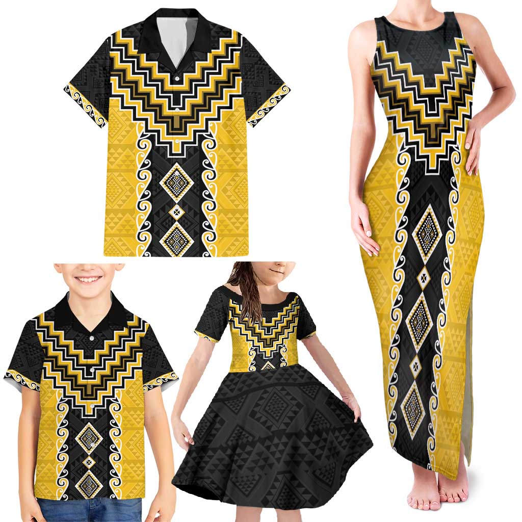 Yellow Niho Taniwha Mix Poutama Family Matching Tank Maxi Dress and Hawaiian Shirt Unique Taniko Aotearoa LT01 - Polynesian Pride
