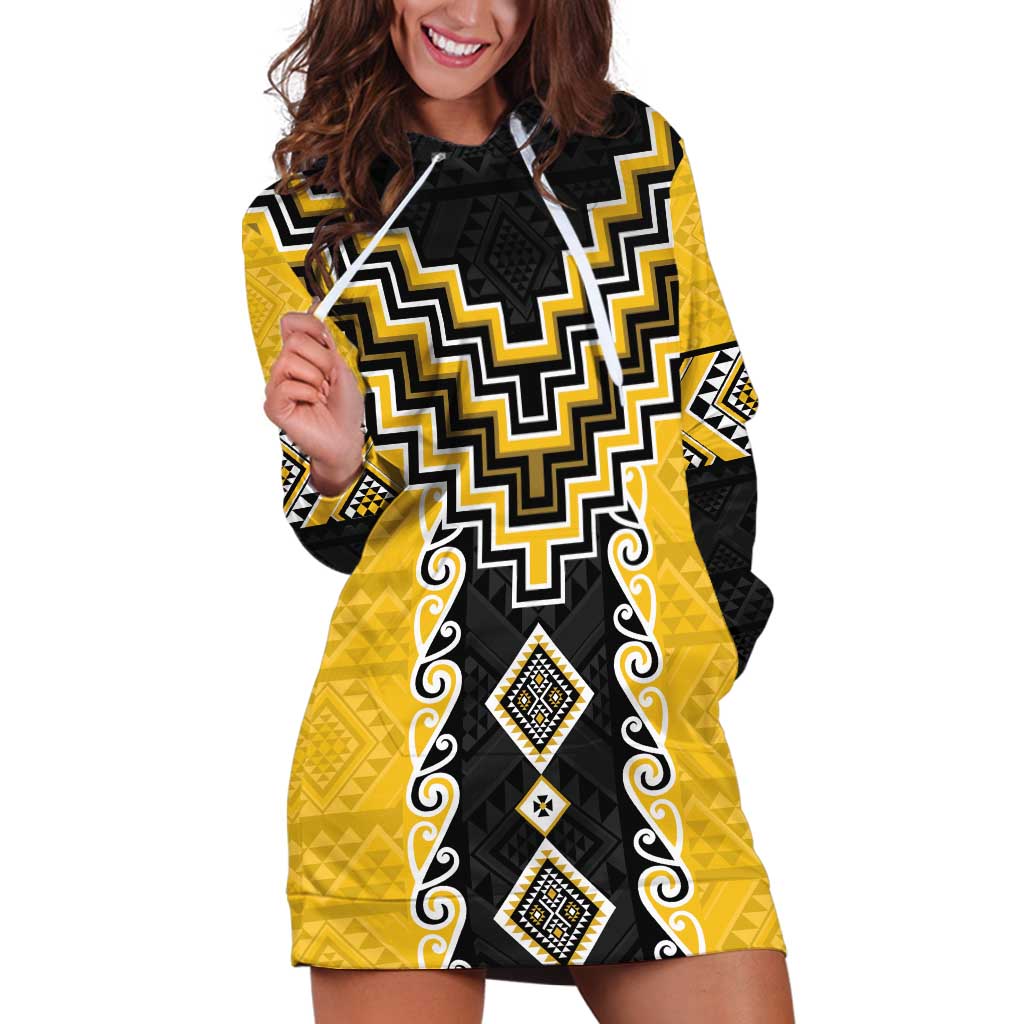 Yellow Niho Taniwha Mix Poutama Hoodie Dress Unique Taniko Aotearoa
