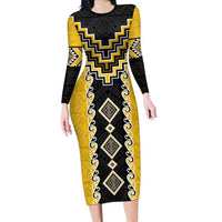Yellow Niho Taniwha Mix Poutama Long Sleeve Bodycon Dress Unique Taniko Aotearoa LT01 Long Dress Yellow - Polynesian Pride
