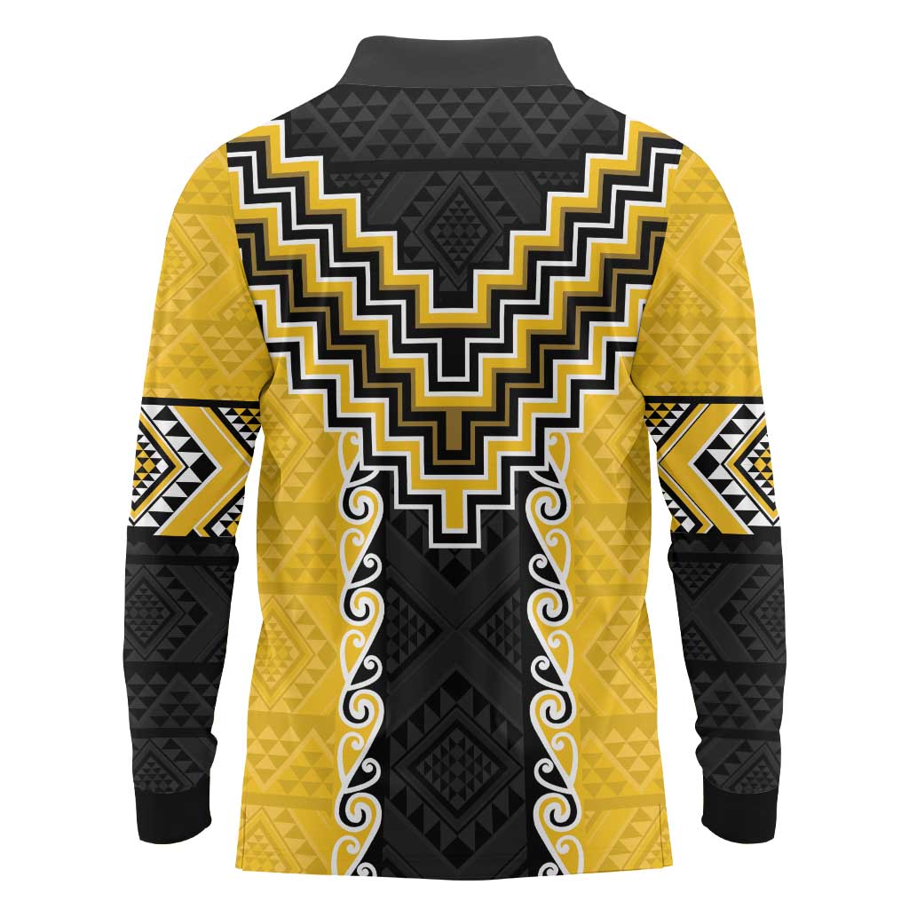 Yellow Niho Taniwha Mix Poutama Long Sleeve Polo Shirt Unique Taniko Aotearoa