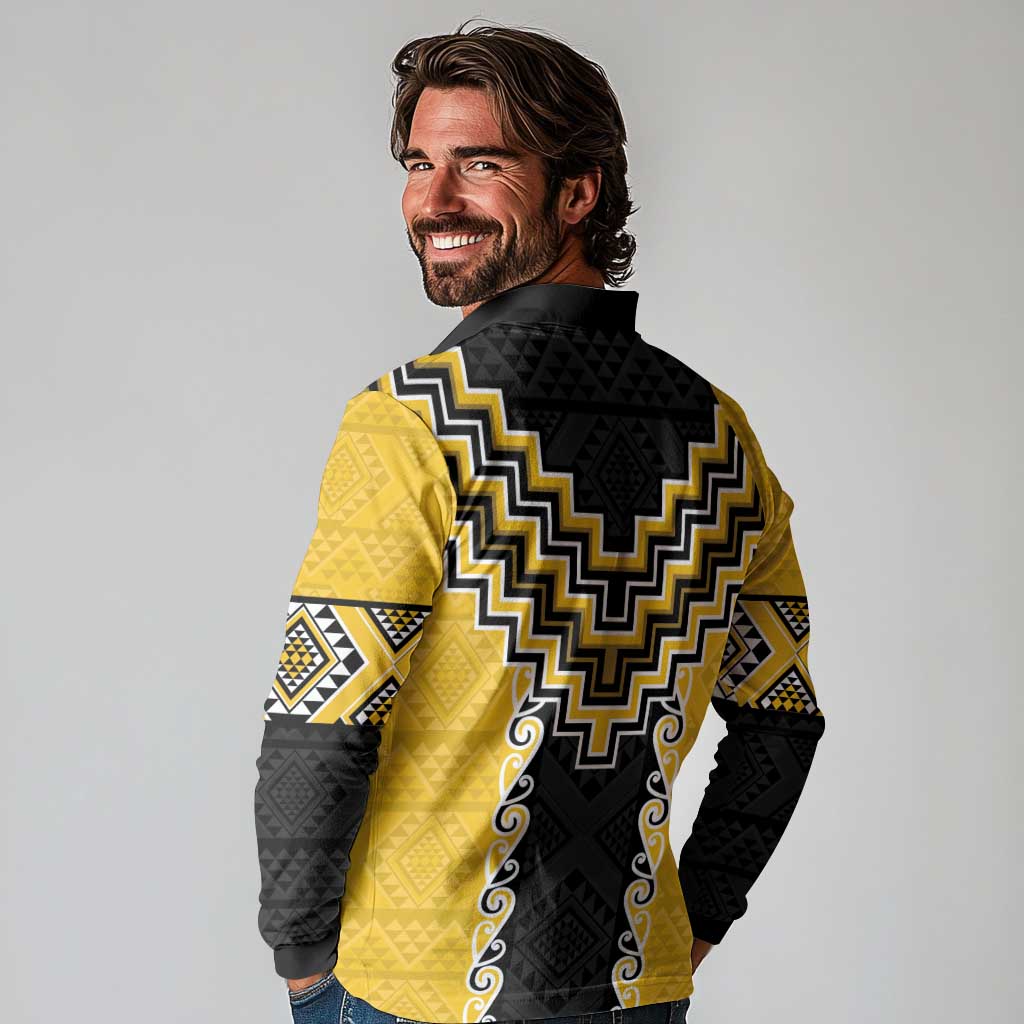 Yellow Niho Taniwha Mix Poutama Long Sleeve Polo Shirt Unique Taniko Aotearoa