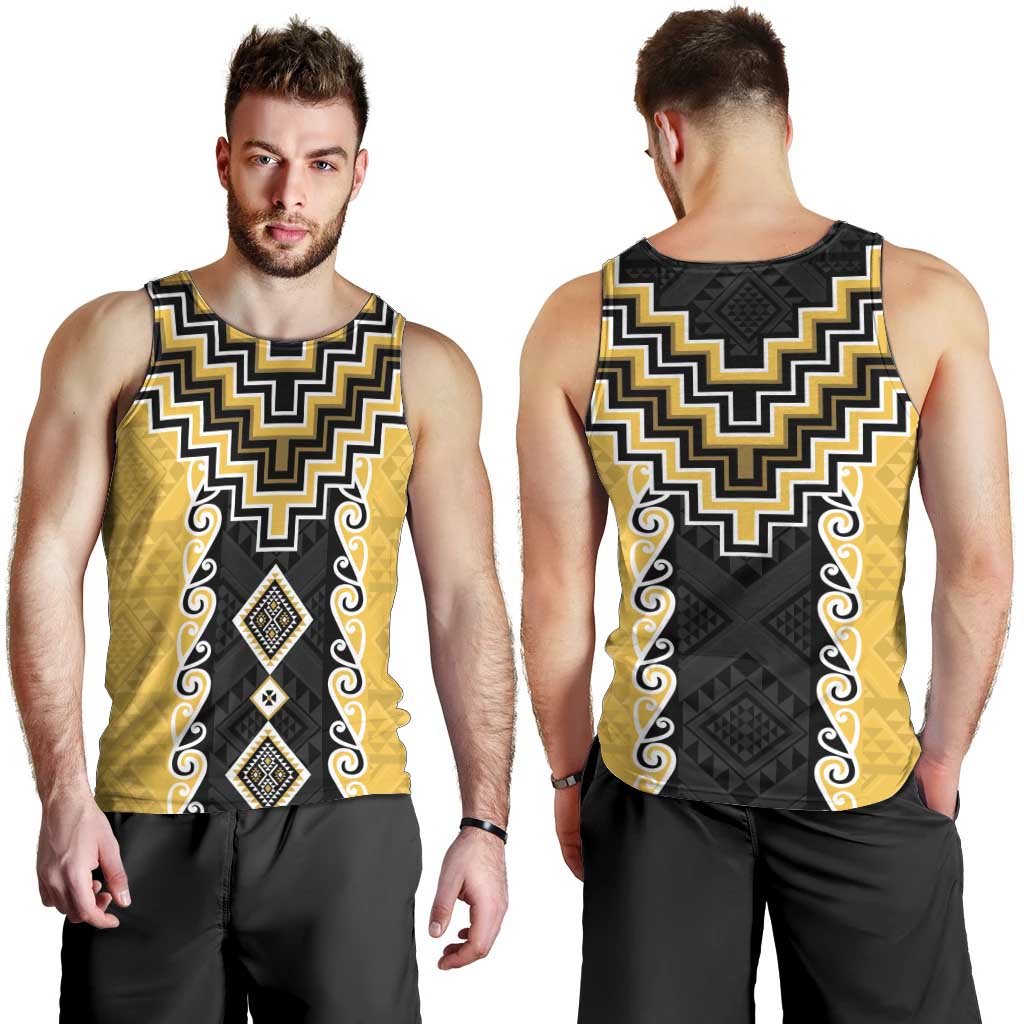 Yellow Niho Taniwha Mix Poutama Men Tank Top Unique Taniko Aotearoa