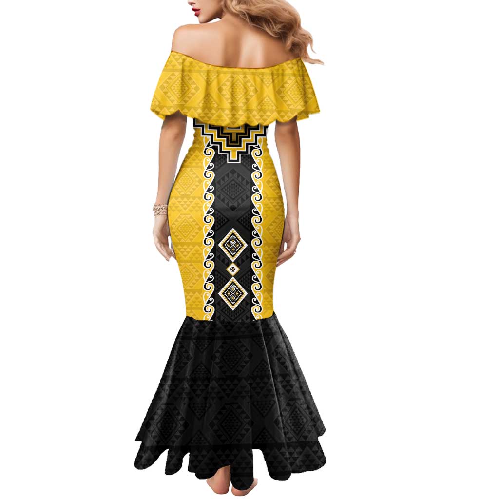 Yellow Niho Taniwha Mix Poutama Mermaid Dress Unique Taniko Aotearoa