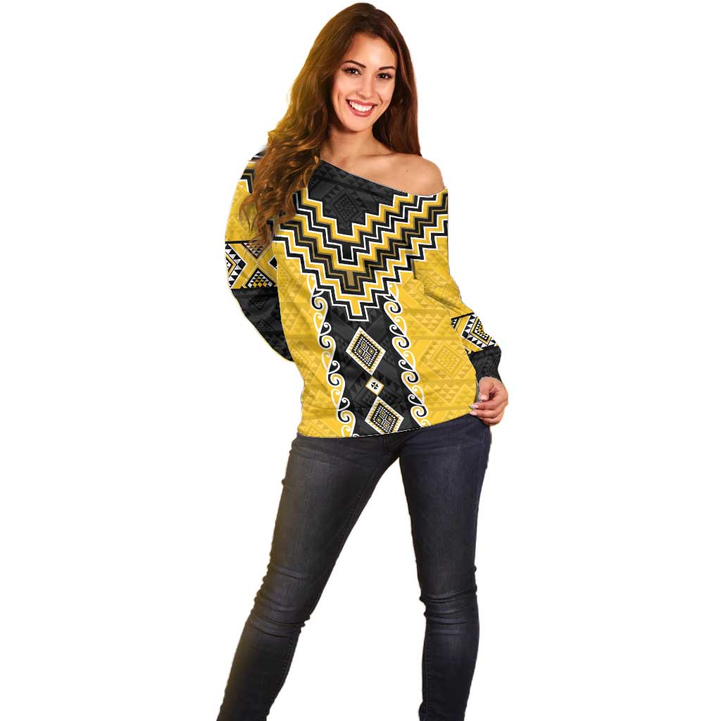 Yellow Niho Taniwha Mix Poutama Off Shoulder Sweater Unique Taniko Aotearoa