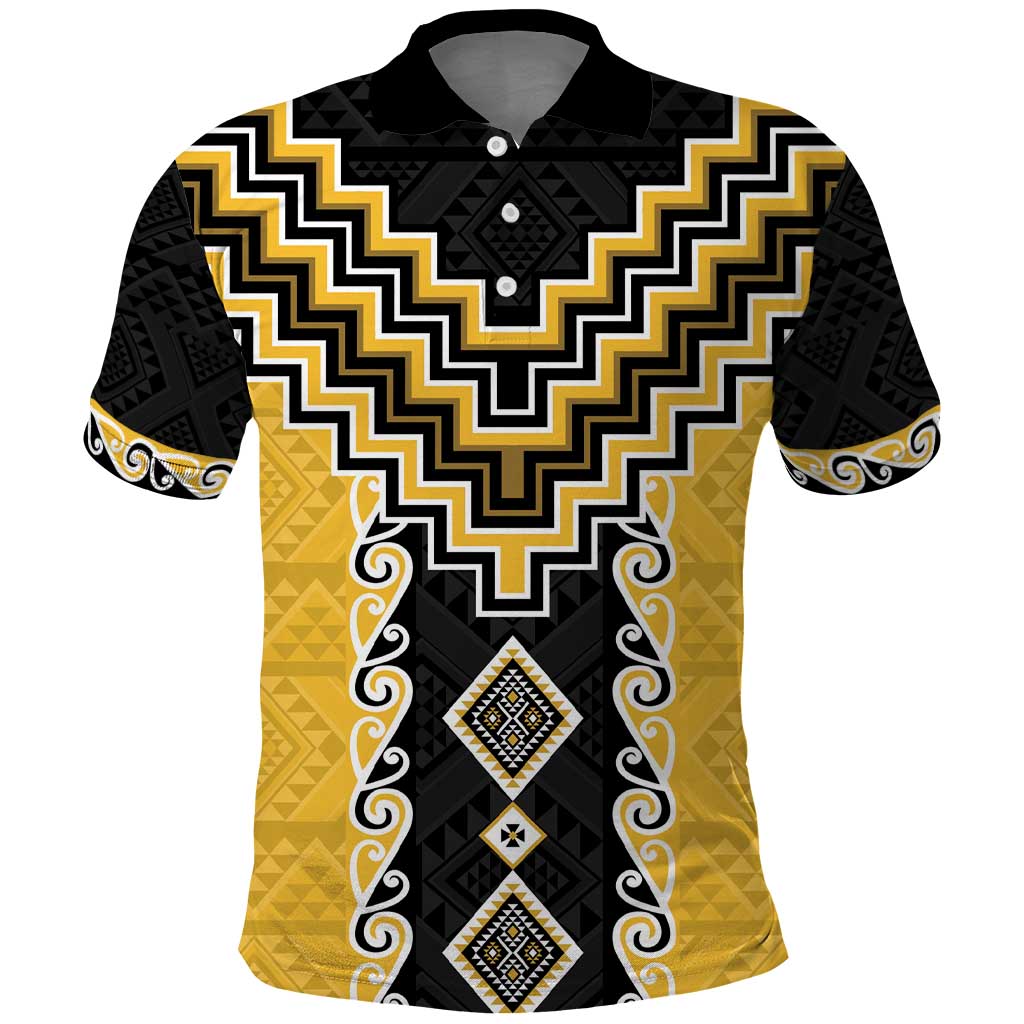 Yellow Niho Taniwha Mix Poutama Polo Shirt Unique Taniko Aotearoa