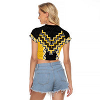 Yellow Niho Taniwha Mix Poutama Raglan Cropped T Shirt Unique Taniko Aotearoa