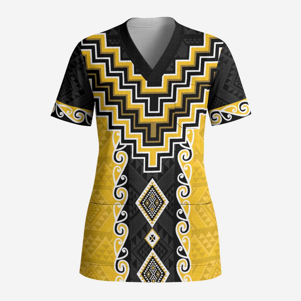 Yellow Niho Taniwha Mix Poutama Scrub Top Unique Taniko Aotearoa - Polynesian Pride