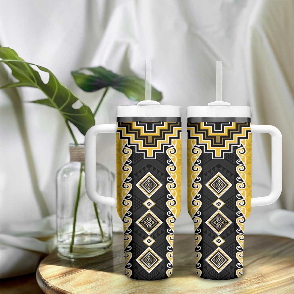 Yellow Niho Taniwha Mix Poutama Tumbler With Handle Unique Taniko Aotearoa