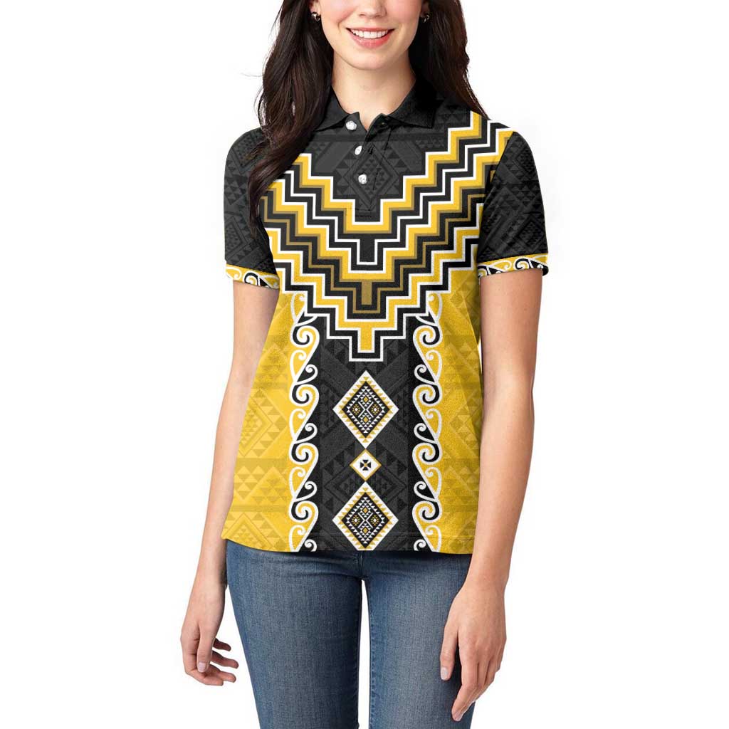 Yellow Niho Taniwha Mix Poutama Women Polo Shirt Unique Taniko Aotearoa