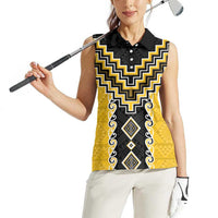 Yellow Niho Taniwha Mix Poutama Women Sleeveless Polo Shirt Unique Taniko Aotearoa
