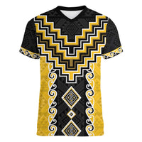 Yellow Niho Taniwha Mix Poutama Women V-Neck T-Shirt Unique Taniko Aotearoa