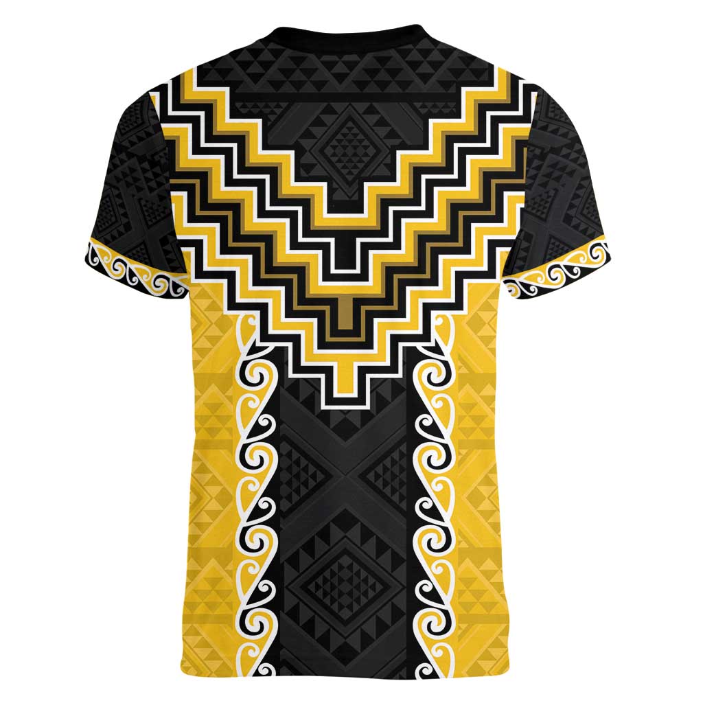 Yellow Niho Taniwha Mix Poutama Women V-Neck T-Shirt Unique Taniko Aotearoa