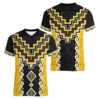 Yellow Niho Taniwha Mix Poutama Women V-Neck T-Shirt Unique Taniko Aotearoa